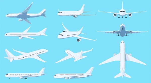 Aviones Diferentes Ángulos Sobre Fondo Azul Transporte Aéreo Pasajeros Carga — Vector de stock