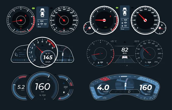 Set Van Verschillende Auto Dashboards Met Sensoren Meting Van Snelheid — Stockvector