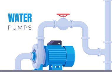 Water pumps with connected pipes. Pumping of water and liquids. Technical equipment for water stations. Water supply pipes. clipart