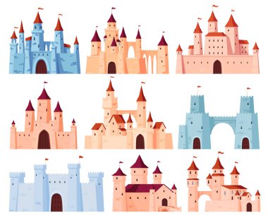 Karikatür ortaçağ kaleleri. Krallıkların savunma ekipmanları. Kralların ve prenseslerin evlerinin peri masalı binaları..