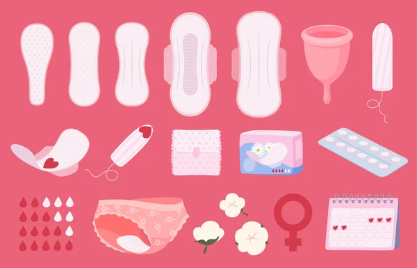 Eine Reihe Von Intimhygieneartikeln Für Frauen Einlagen Und Tampons Während — Stockvektor