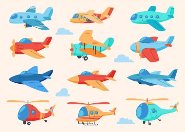 Çizgi film tarzında uçaklar ve helikopterler. Sevimli renkli hava taşımacılığı.