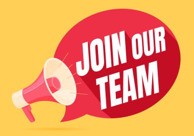 Hoparlörü ve sloganı olan parlak bir afiş. Takımımıza katıl..