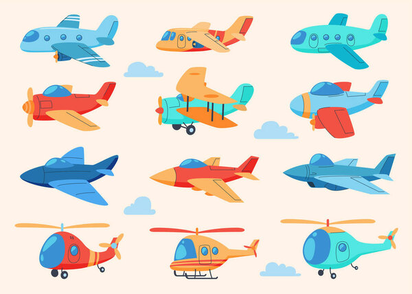 Самолеты и вертолеты в мультяшном стиле. Милый цветной воздушный транспорт.