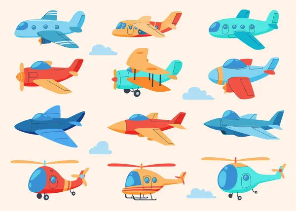 Repülőgépek Helikopterek Rajzfilm Stílusban Aranyos Színes Légi Közlekedés Stock Illusztrációk