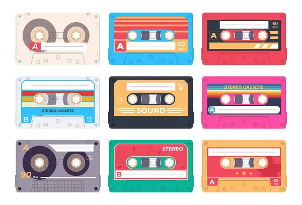 Conjunto Cassetes Retrô Vintage Dos Anos Portadores Música Reprodução Composições — Vetor de Stock
