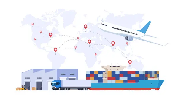 Warehouse, logistics of goods. Storage and transportation of products around the world. International transportation by sea, by air, by road.