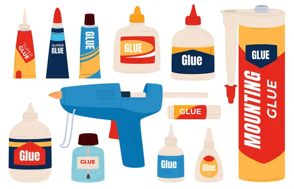 Glue Gluing Various Types Objects Tubes Adhesive Substance Repair Gluing — Stock Vector
