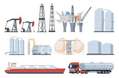 Petrol ve gaz çıkarma ve işleme. Büyük sanayi tesisleri, fabrikalar, gaz ve petrol kuleleri. Minerallerin çıkarılması. Doğal enerji kaynakları.