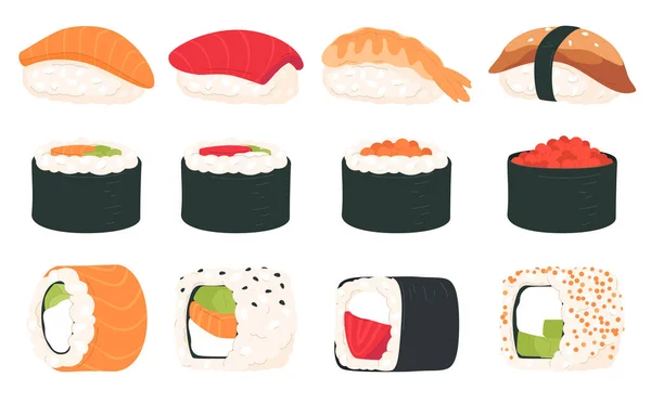 Set Sushi Sashimi Traditional Japanese Dish Rice Fish Delicious Restaurant — Stock Vector
