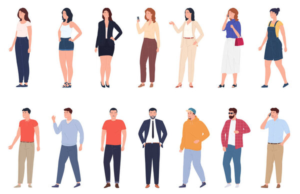 Множество людей в разных позах. Мужчины и женщины стоят и ходят.