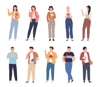 Moda kıyafetleri giymiş öğrenciler. Kitapları ve sırt çantaları olan gençler ders çalışmaya giderler. Neşeli genç nesil bilgi topluyor..