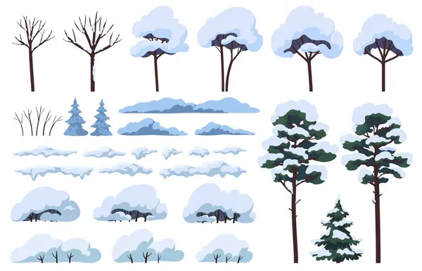 Sneeuw Bedekt Bomen Struiken Elementen Van Een Winterlandschap Vegetatie Bedekt — Stockvector