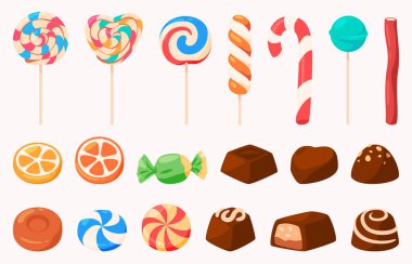 Bir dizi şeker ve şeker. Çikolata ve lolipop. Şeker dükkanı..