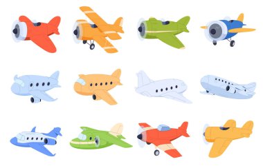 Çizgi film tarzında uçaklar. Sevimli renkli hava taşımacılığı. Güzel bebek çizimi.