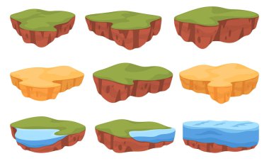 Çizgi film tarzında uçan adalar. Oyun arayüzü kaynakları, konum için arka plan, öge. Çimen, kum ve su dolu fantezi bir toprak parçası..