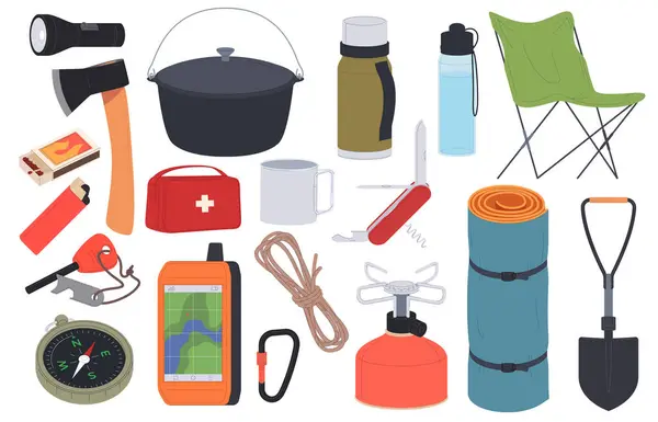 ハイキングのための装置 ハイキング旅行のためのバックパックの内容のセット 野生でのサバイバル — ストックベクタ