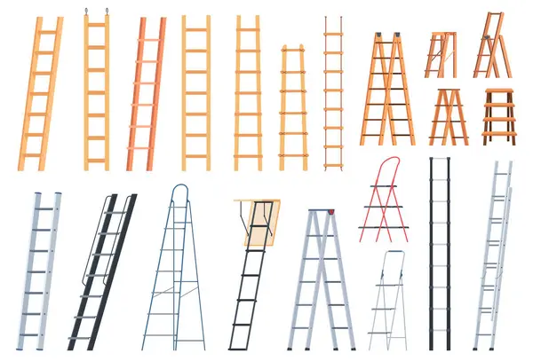 Set Wooden Metal Ladders Climbing Height Construction Household Ladders — Stock Vector