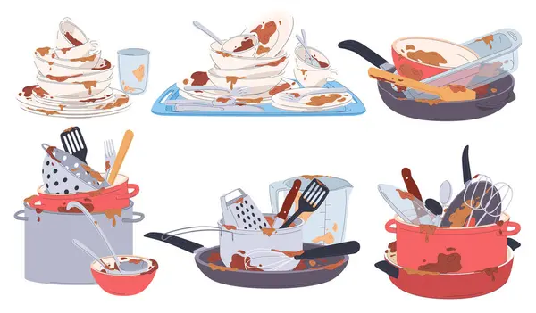 Pile Unwashed Dishes Food Stains Dishes Dinner Advertisement Detergent Royalty Free Stock Illustrations