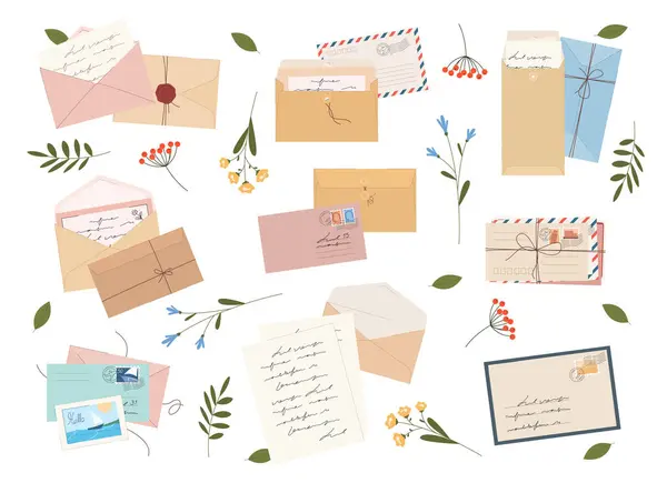 Uma Coleção Várias Cartas Postais Envelopes Abertos Fechados Com Letras — Vetor de Stock