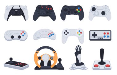 Bir set modern ve eski oyun joystickleri. Oyun konsolları. Bilgisayar oyunları ve modern eğlence.
