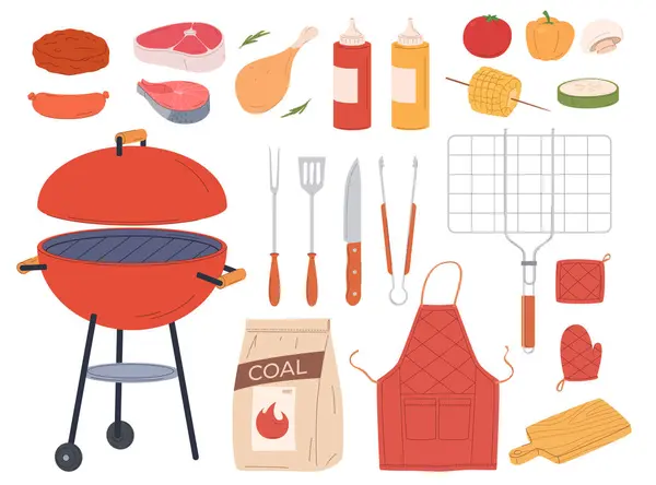 Egy Sor Barbecue Grill Elemek Húst Halat Zöldséget Főzni Egy Stock Illusztrációk