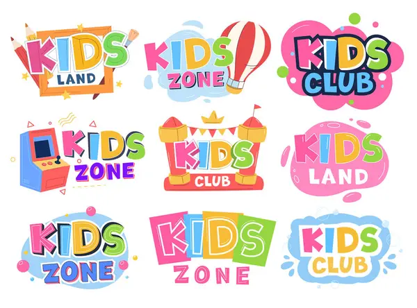 Set Logos Children Entertainment Rooms Bright Colored Inscriptions Children Style Royalty Free Stock Vectors