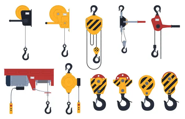 Mechanical Electric Winches Industrial Lifting Equipment Yellow Crane Hook Stock Illustration