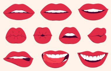 Farklı duyguları ifade eden bir çift kırmızı kadın dudağı. Seksi dudaklar gülümse, öp, flört et..