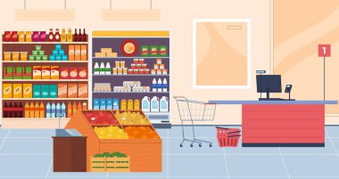 Bir süpermarketin içinde. Marketten. Ürünlerle tezgahlar, yazar kasa. Perakende.