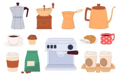 Set of coffee elements. Invigorating hot energy drink. A set of professional and home elements for making coffee. clipart