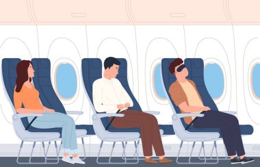 Yolcularla dolu bir uçak kabininin iç tasarımı. Yolcu koltukları ve pencereleri olan uçak kabini..