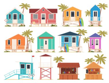 Plaj evi cankurtaran kulesi sahil barını ayarla. Tropik bir adada bungalov. Deniz kenarında dinlen. Güneşli bir plajda tatil.