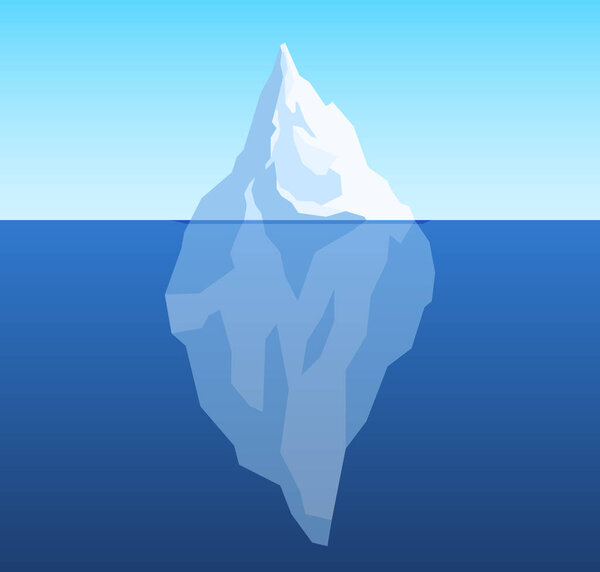 Поверхность и подводная часть айсберга. Замерзший массив воды и снега. Большие глубины в холодных водах океана опасны..