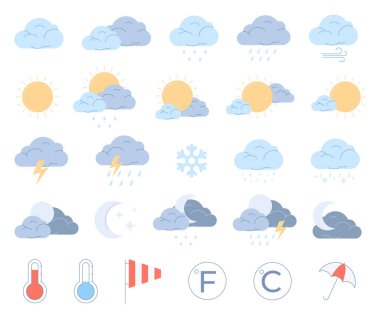 Hava durumu ikonları. Hava tahmini arayüzü. Çeşitli hava fenomenlerinin sembolleri. Hava tahmincisi çalışması.