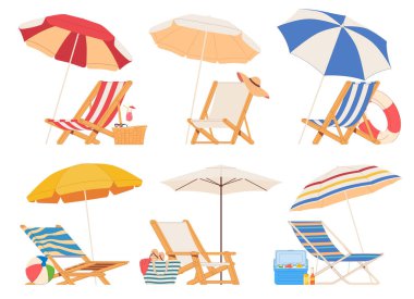 Şemsiyeli plaj sandalyesi. Deniz kenarında yaz tatili. Sıcak yaz güneşli tatil günleri.