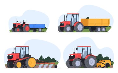 Traktörler ve karavanları, tarım aletleri. Tarım taşımacılığı. Hasat arazisini işlemek için tarım makineleri.
