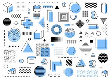 Bir dizi geometrik şekil ve doku. Soyut arkaplan tasarımı. Pankart ekran koruyucuları için nesneler.