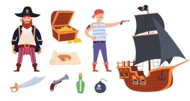 Gemisi ve korsan eşyaları olan korsanlar. Hazine avı. Kaptanlar ve basit denizciler. Deniz soyguncuları.