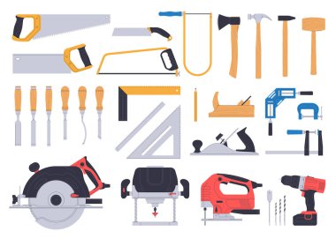 El ve elektrikli marangozluk aletleri. Ahşap işleme malzemeleri. Mobilya yapma atölyesi. Yapı araçları.