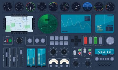 Bir dizi kontrol paneli elementi. Çeşitli ölçüm sensörleri. Uçak, rotorcraft, istasyon kontrolü. Çeşitli düğmeler, düğmeler, ölçüm cihazları.