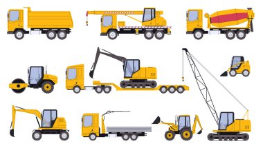 İnşaat malzemeleri seti. Ağır kamyonlar, çöp kamyonu, buldozer, vinç. Ev ve yolların inşası için özel ekipman.