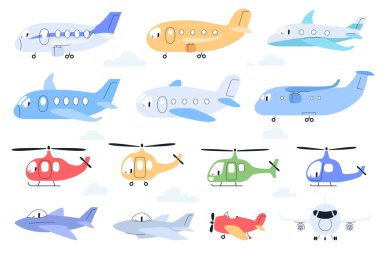 Çizgi film tarzında uçaklar ve helikopterler. Sevimli renkli hava taşımacılığı. İzole uçuş, çocuklar seyahat ya da uçak macerası..