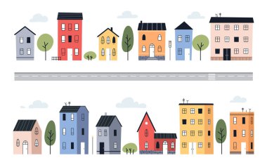 Bir sürü şirin şehir evi. Farklı evleri olan bir şehir. Basit bir çocuk tarzında binalar. Güzel şehir..