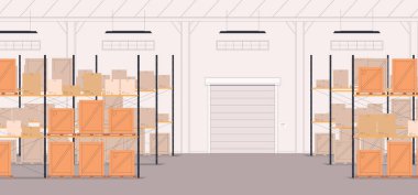 Depo. Kutular dolusu malla birlikte mağazaya, müşterilere gönderiliyor. Nakliye aracı. Lojistik şirketi.