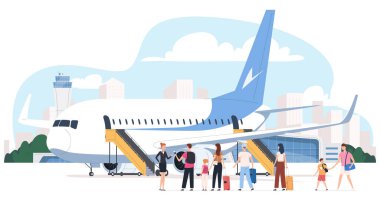 Havaalanı. Uçağa giden rampa. Uçağa binen yolcular. Hızlı ve münasip uzun mesafe seyahati. Sınırda tatil..