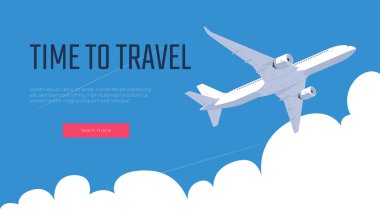 Uçak yolculuğu zamanı olan bir pankart. Gökyüzünün arka planında bir uçak. Hızlı ve münasip uzun mesafe seyahati. Sınırda tatil..
