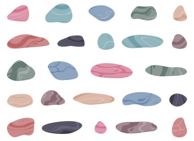 Bir dizi farklı taş. Yumuşak renkli çakıl taşları. Yuvarlak desenli çakıl.