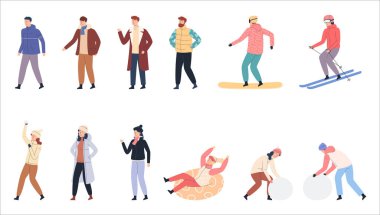 Kışın giyinmiş insanlar. Farklı insanlar yaz etkinlikleri yapar, ata biner, eğlenir, soğuk mevsimde yürür..