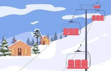 Kış kayak merkezi. Sıcak evler, dağ asansörleri, karla kaplı ağaçlar. Kış uykusu.